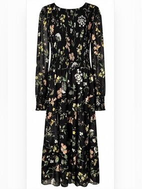 Black Floral Smocked Midi Dress Cottagecore Boho Sheer Sleeve Smocked Romantic